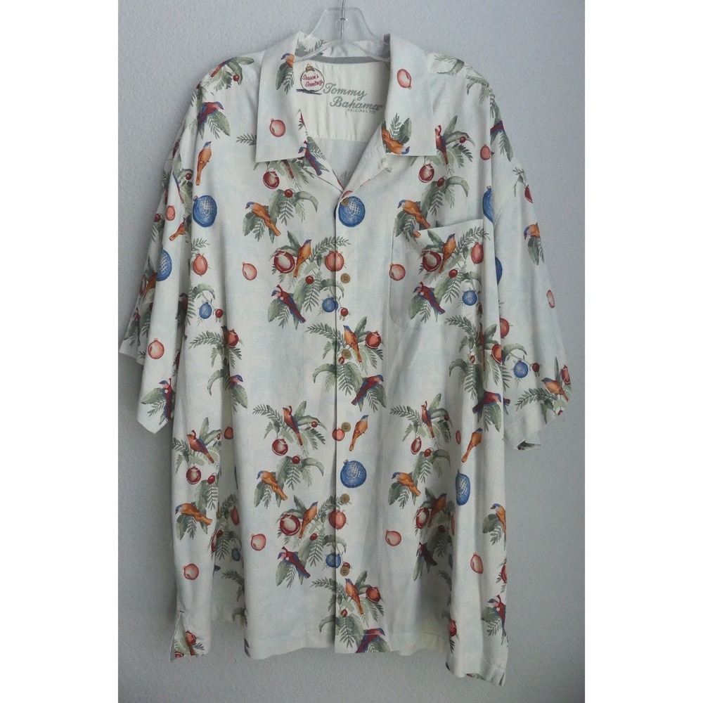 Tommy Bahama Mens 2XB Silk Christmas Camp Shirt Birds Ornaments White Holiday